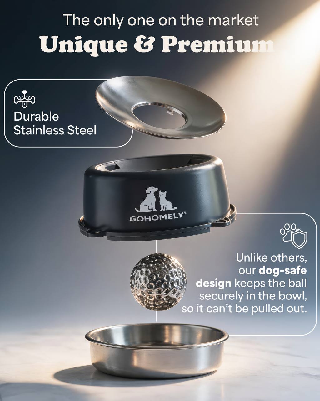 GOHOMELY Premium Slow Feeder Dog Bowl with Stainless Steel Rolling Ball